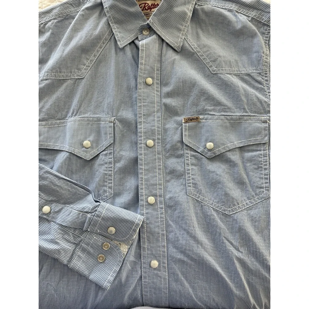 Rafter C Cowboy Collection Pro Flex 45 Mens SMALL White Blue Check Pearl Snap - Picture 3 of 9